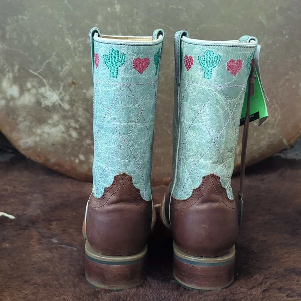 TIN HAUL I<3 Cactus🌵 cowgirl boots brown/lake green/pink sz 2 little girl NWT
